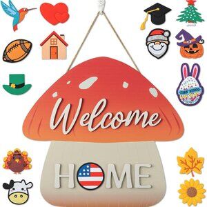 Mushroom Interchangeable Seasonal Welcome Sign Front Door Decoration Wall Hangin